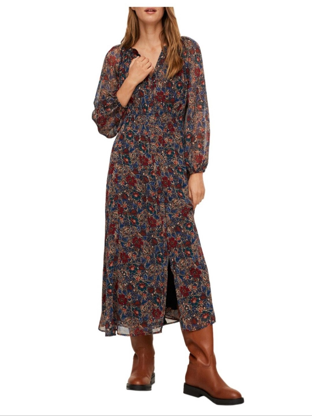 Mango Floral Long Sleeve Midi Dress